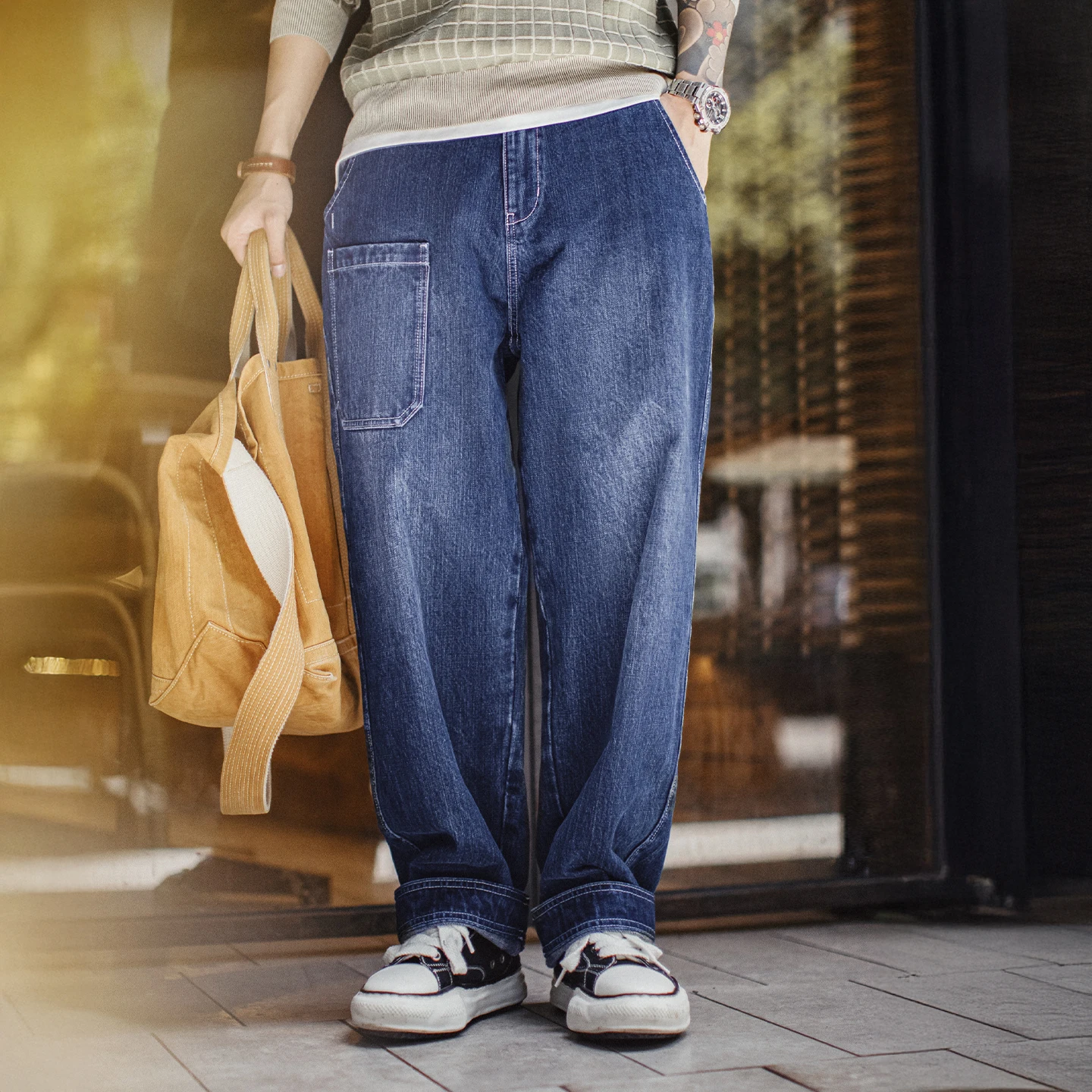 

Винтажные мужские джинсы Maden из хлопка длиной 15 унций, потертые синие прямые зауженные брюки, брюки с карманами для мужчин, осень-зима