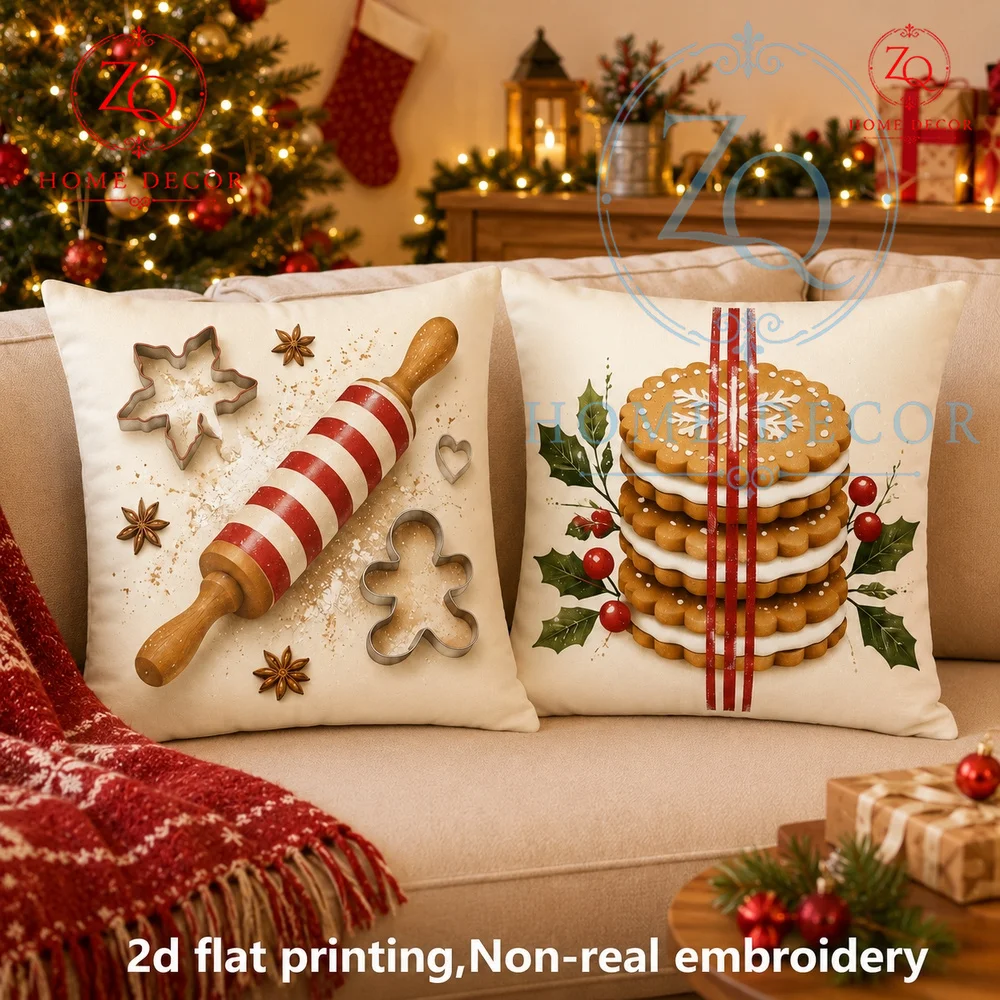 Christmas Baking Theme Throw Pillow Covers Vintage Gingerbread  Cookie Cutter Design Farmhouse Holiday Cushion Cases Couch Bed
