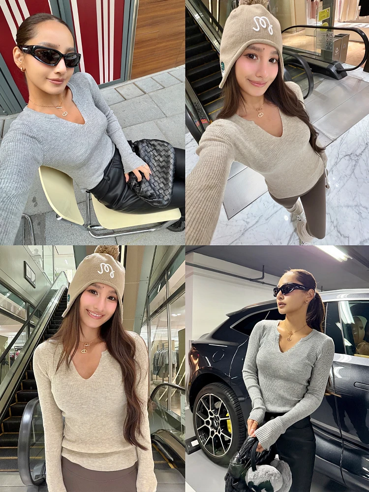 

Maru Maruco Soft High Elastic V-Ne Knitted Base irt Slim Fit Long Sve Women's Casual Wear Polyester Fiber