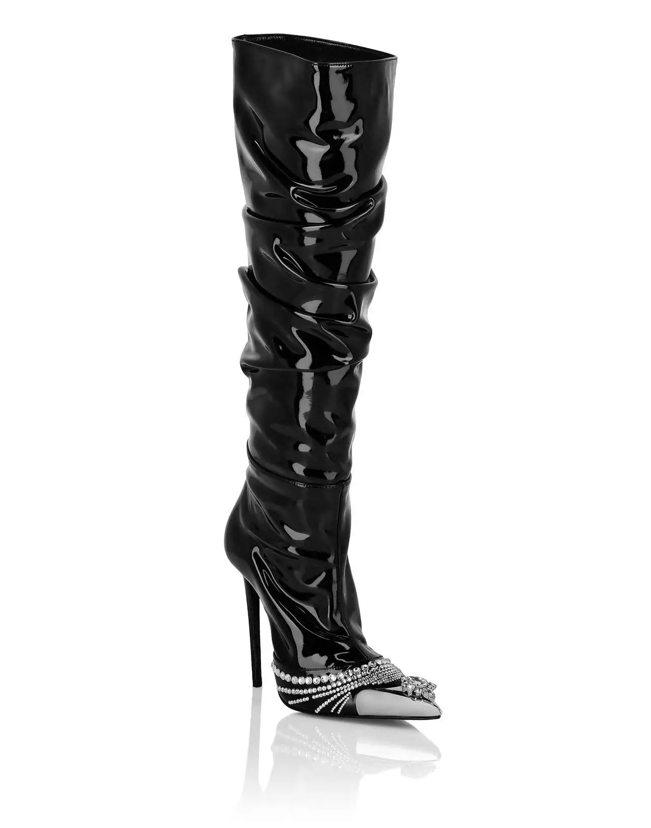 Motorcycle Leather Knee-High Boots Zipper Winter Long Booties Sexy Pointed Toe Crystal Boats Women High Heels Designer Style