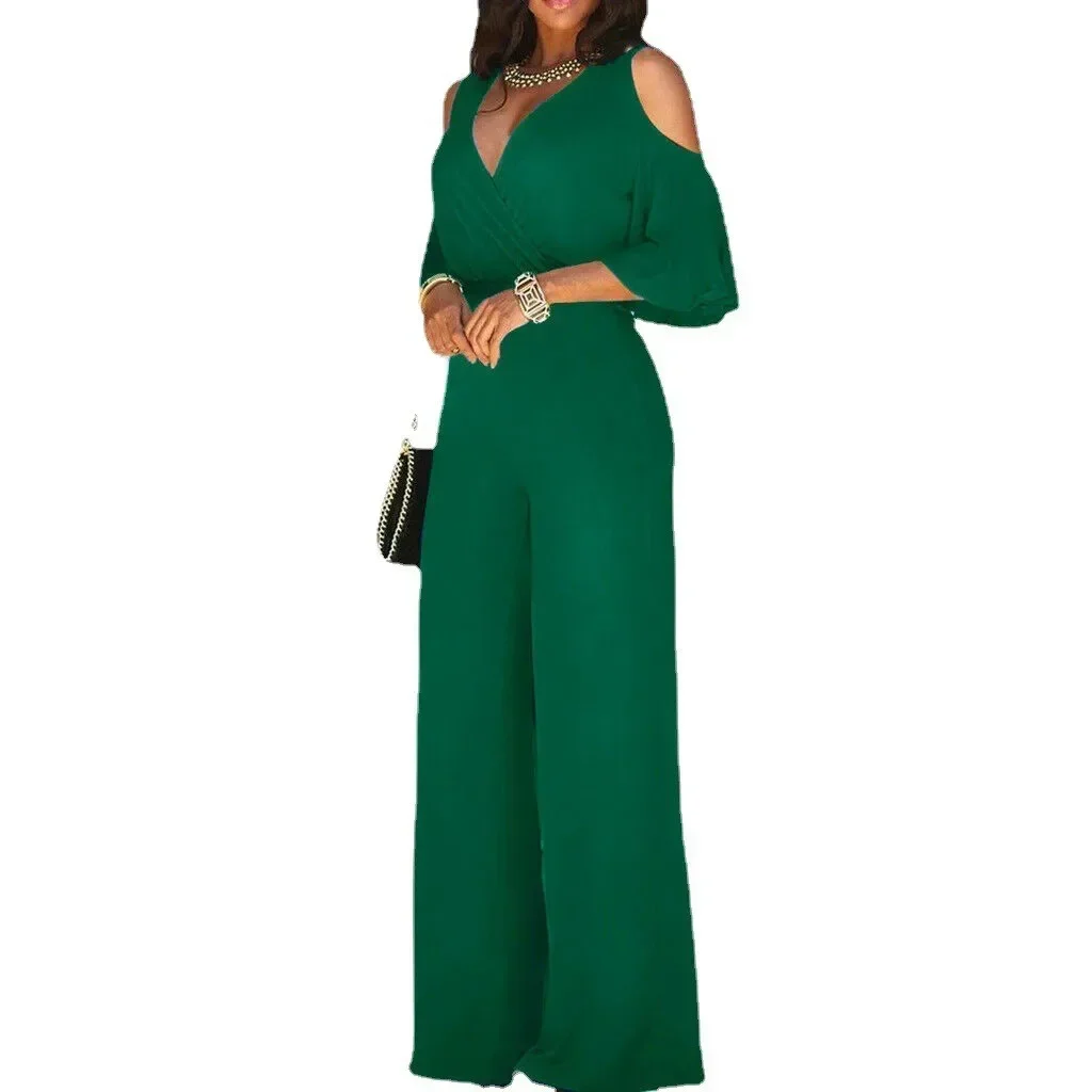 Plus Size Ladies Wrap V Neck Jumpsuit Cold Shoulder 3/4 Sleeve High Waist Long Romper