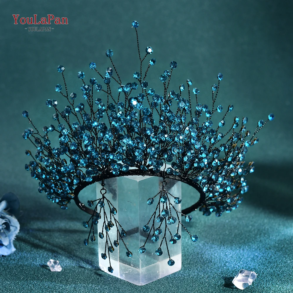 

TOPQUEEN Glamorous Bridal Crown Headband Handmade Blue Color Headpieces And Earrings Set Wedding Hair Accessories HP846