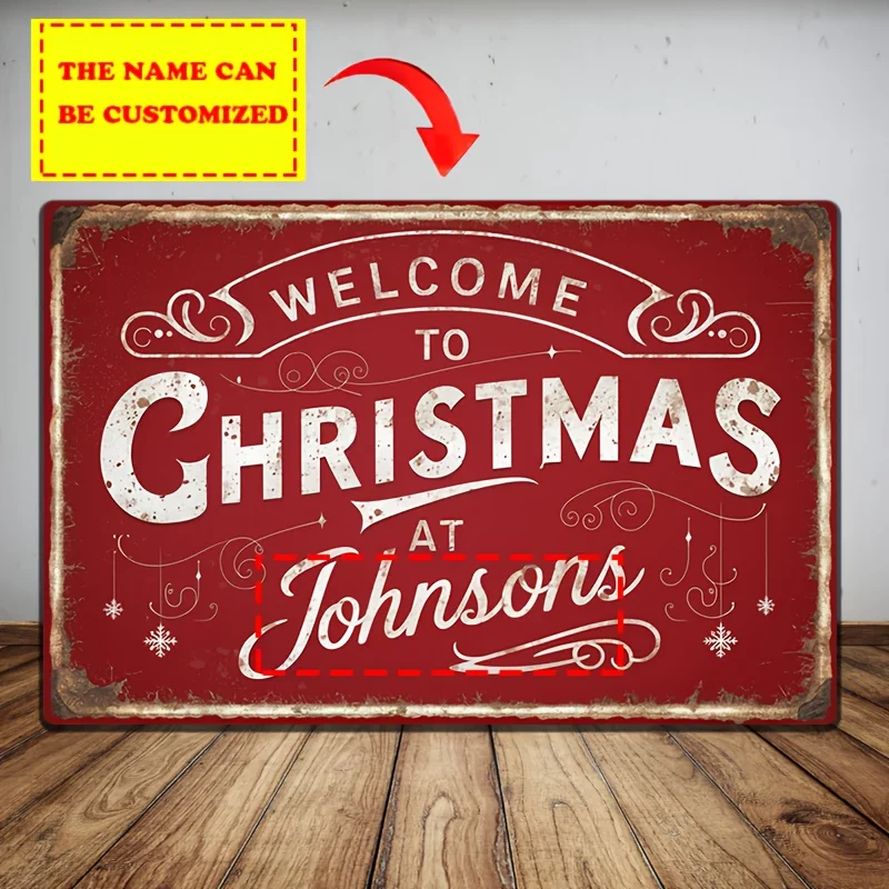 1pc Personalized Vintage Christmas Metal Tin Sign - Customizable Welcome to Christmas at Johnsons Holiday Decor for Indoor