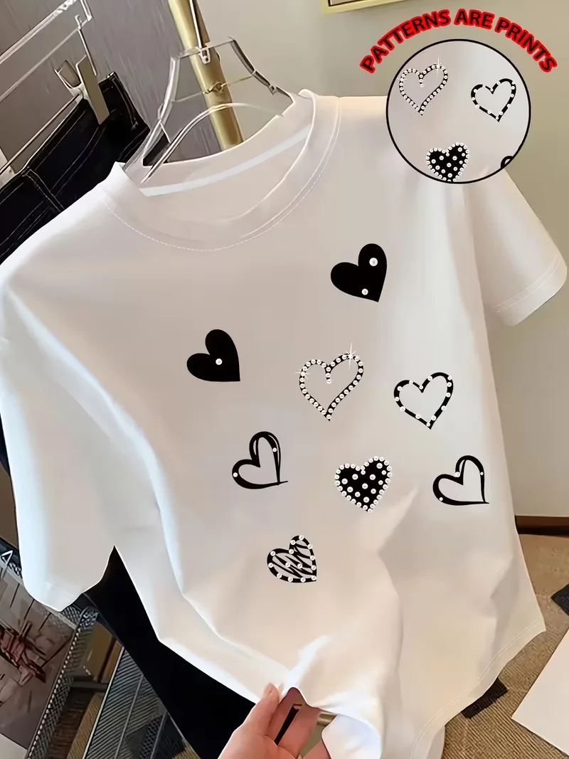 Pearl Heart Print Round Neck Women's Short Sleeve T-Shirt - Spring/Summer Light Luxury Atmosphere Women's Top