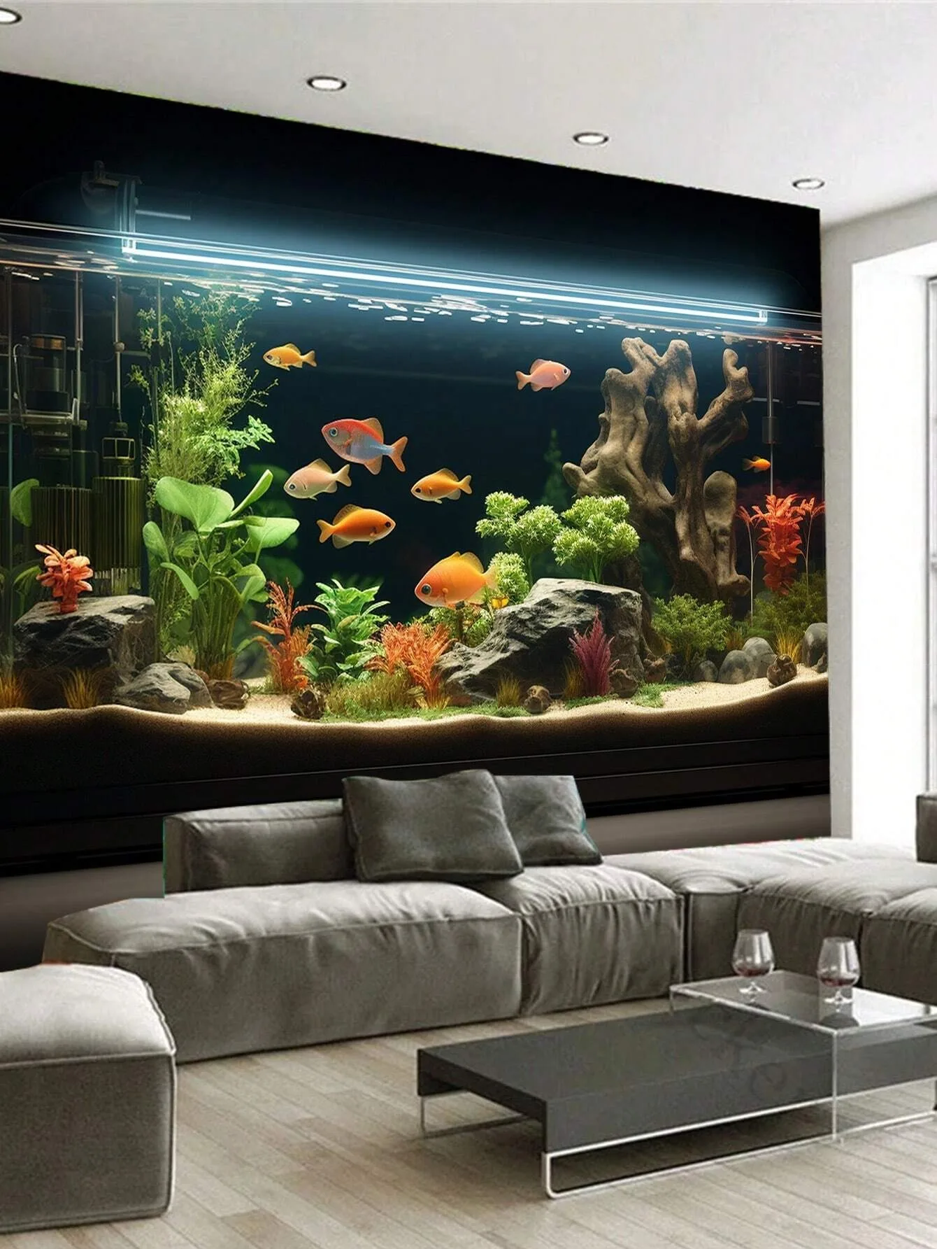 2D Flachdruck 3D Aquarium Fischbecken Wandteppich Realistischer Unterwasser-Landschaftsdruck Wandbehang für Wohnzimmer Schlafzimmer Zuhause D