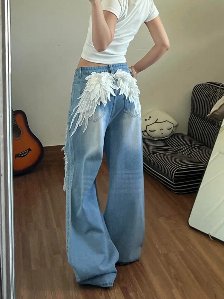 

Американские джинсы с вышивкой в виде крыльев и стразами, женские, летние, новые, в стиле ретро, с эффектом потертости, удлиненные