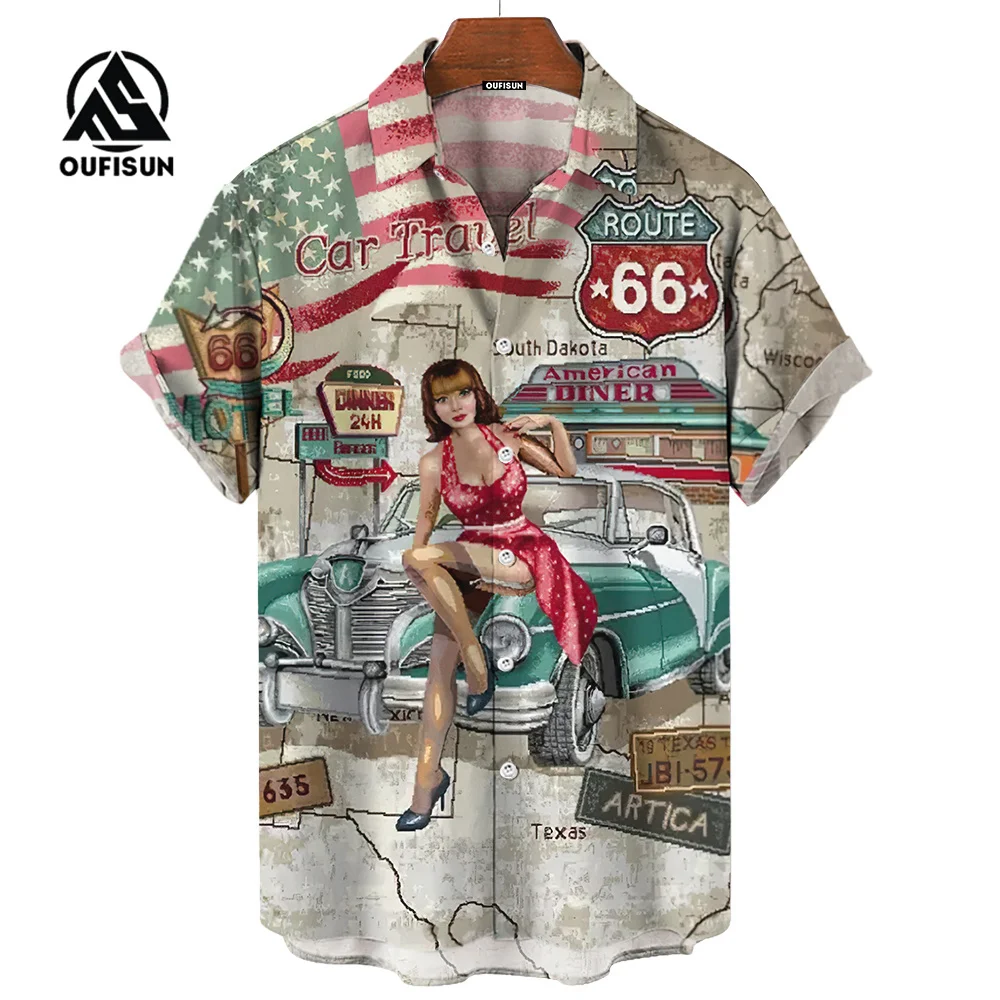 Camicia da uomo Retro moto risvolto camicia abbottonata estate manica corta abbigliamento strada Casual vestiti larghi 2024 camicia hawaiana