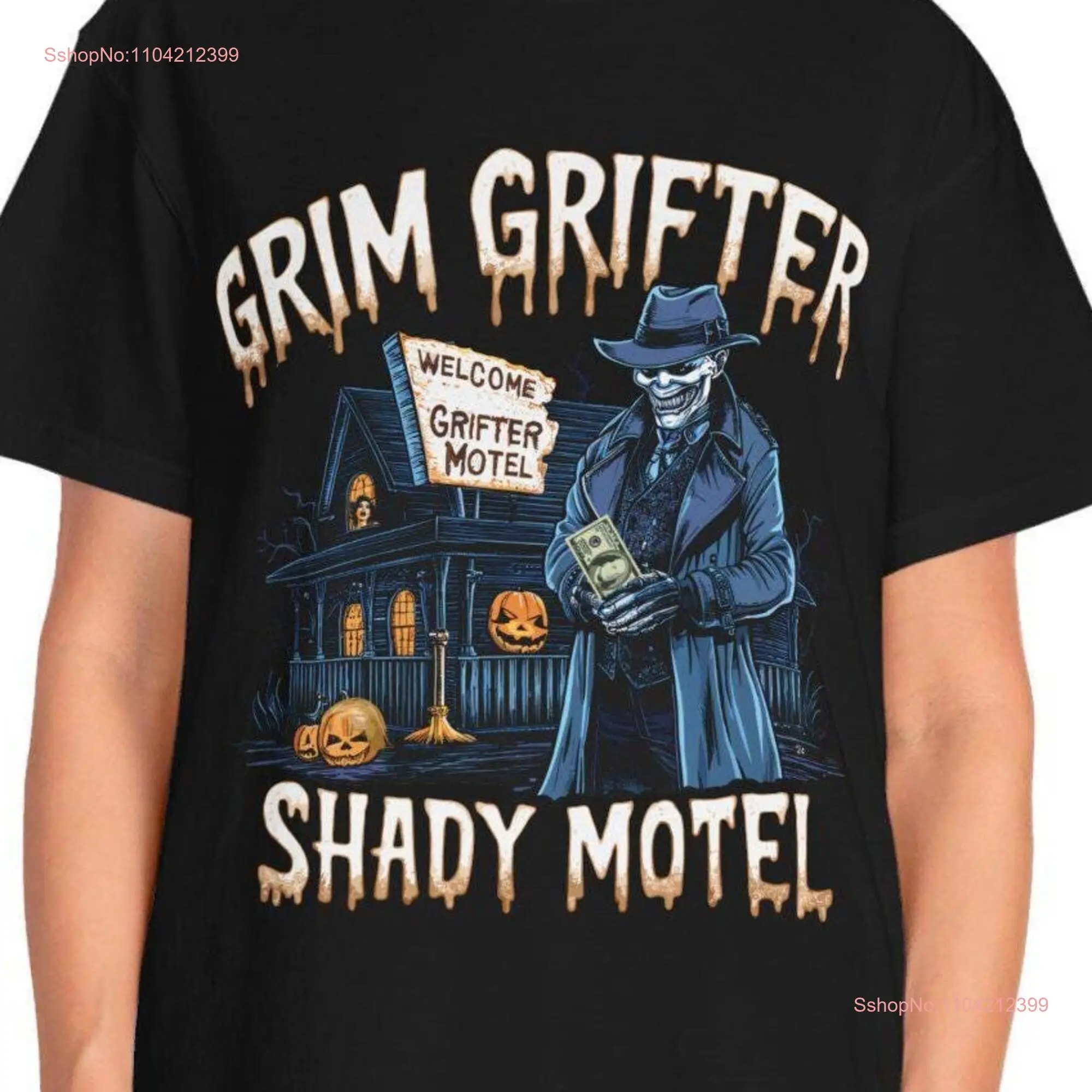 Political Halloween Grim Grifter Shady Motel T Shirt Comfort Colors Black long or short sleeves