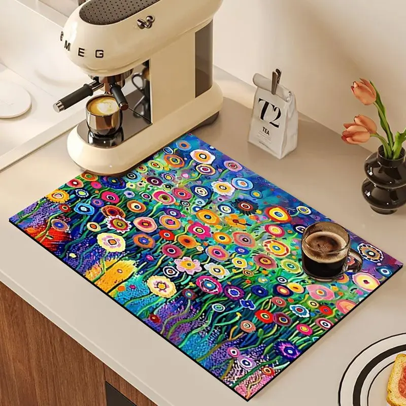 VIKAMA Colorful Abstract Wildflower Drip Mat Bohemian Oil Painting Floral Print Absorbent Coffee Maker Mat Kitchen Home Decor