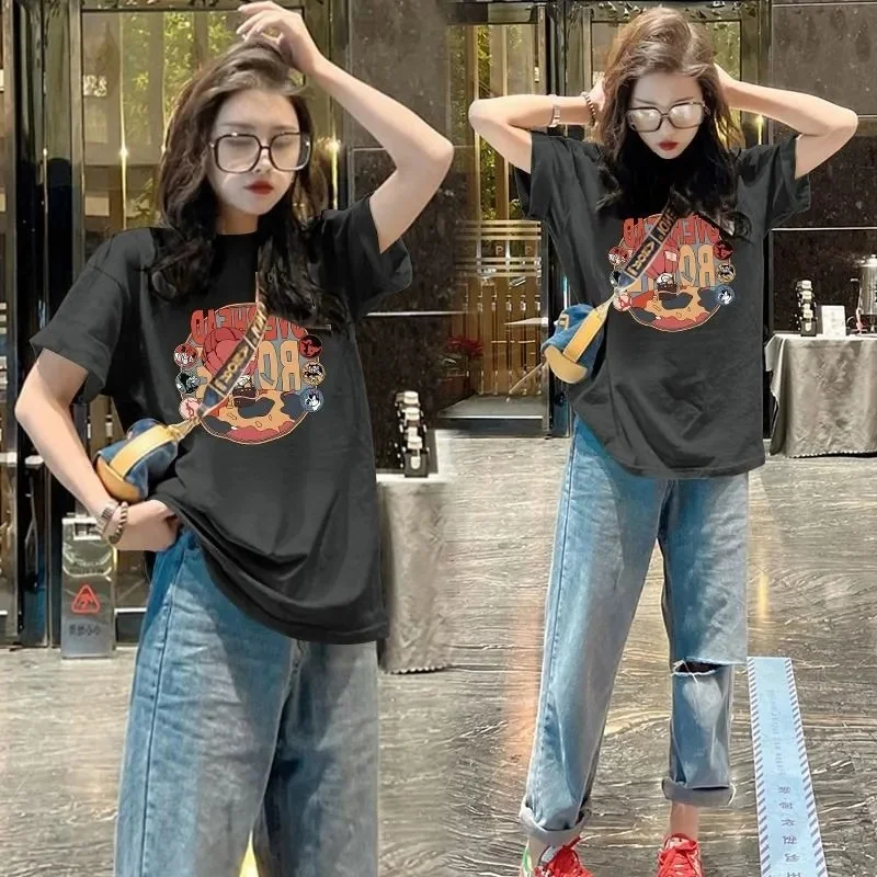 

plus Size 300 Pou Women's T-irt Summer Cartoon Pattern ort Sve Loose Fit round Ne f Sve Outerwear Top