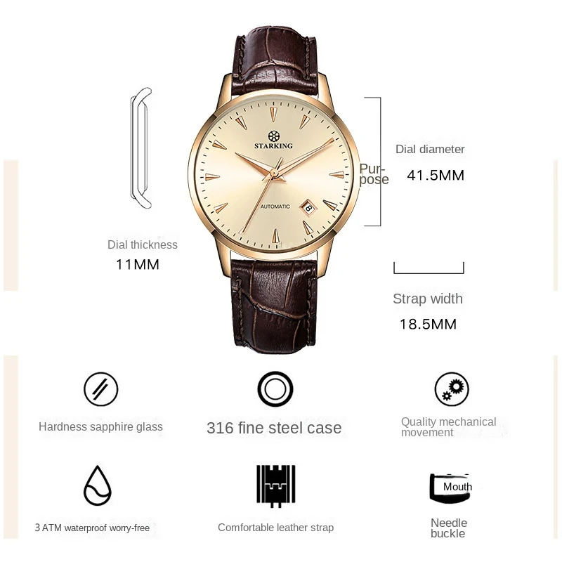 STARKING Luxury Brand Automatic Mechanical Watch For Men Watch Fashion Champagne Dial Simple Calendar Display Relogio Masculino