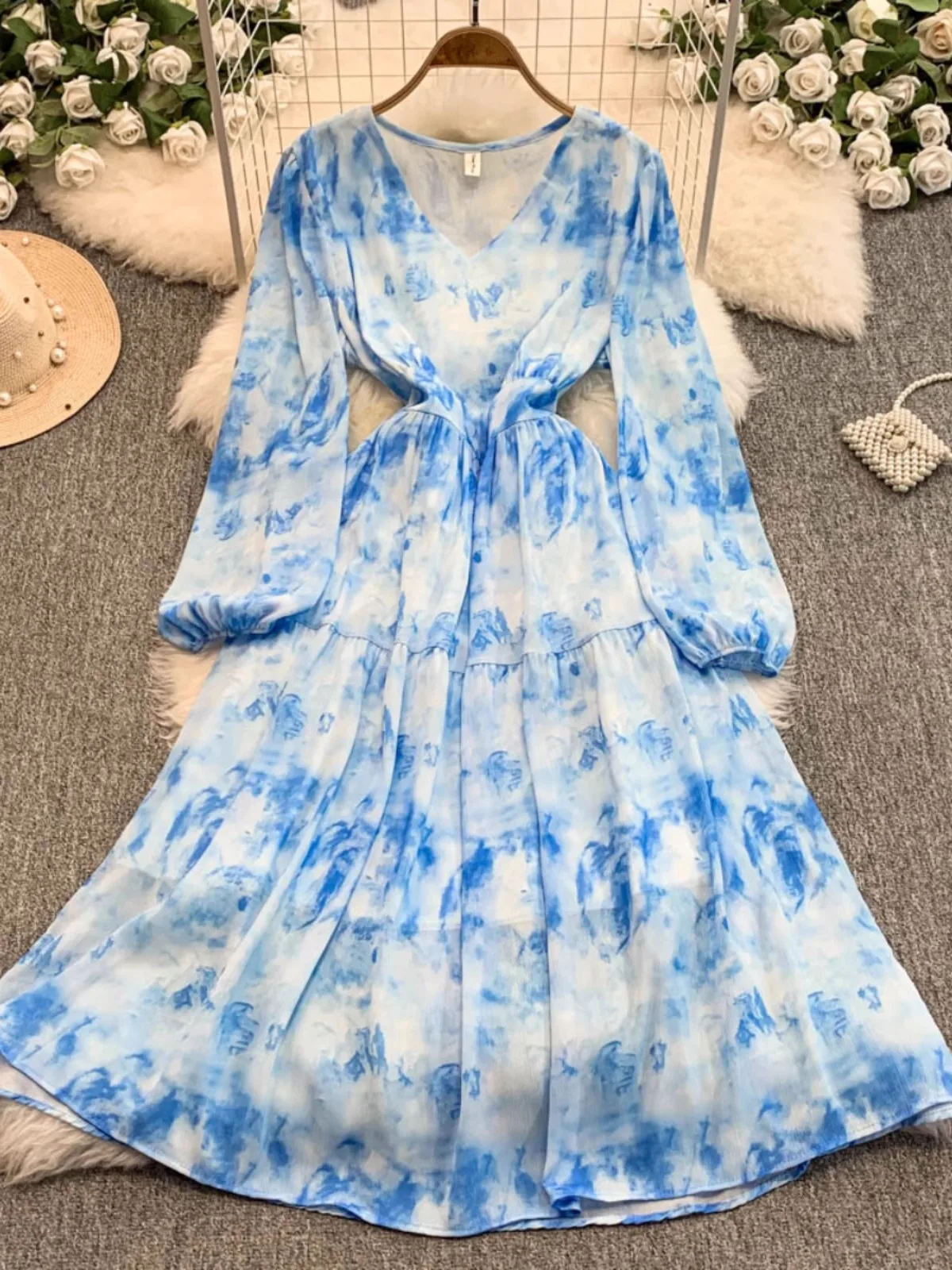 

Women Elegant Long Dress 2025 Spring Summer Casual Puff Sleeve Print Office Lady Chiffon Dresses Vintage Party Dress Vestidos