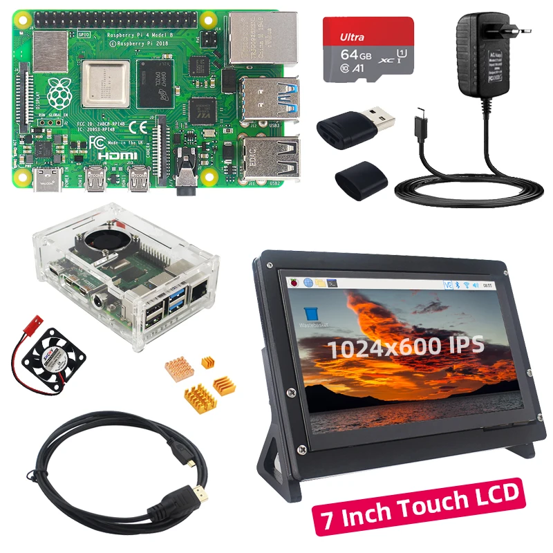 Raspberry Pi 4 Model B 2 4 8 GB RAM + 7 inch IPS Touch Screen + Holder + 64 32 GB TF Card + Fan + Power  Adapter  for RPi 4 B