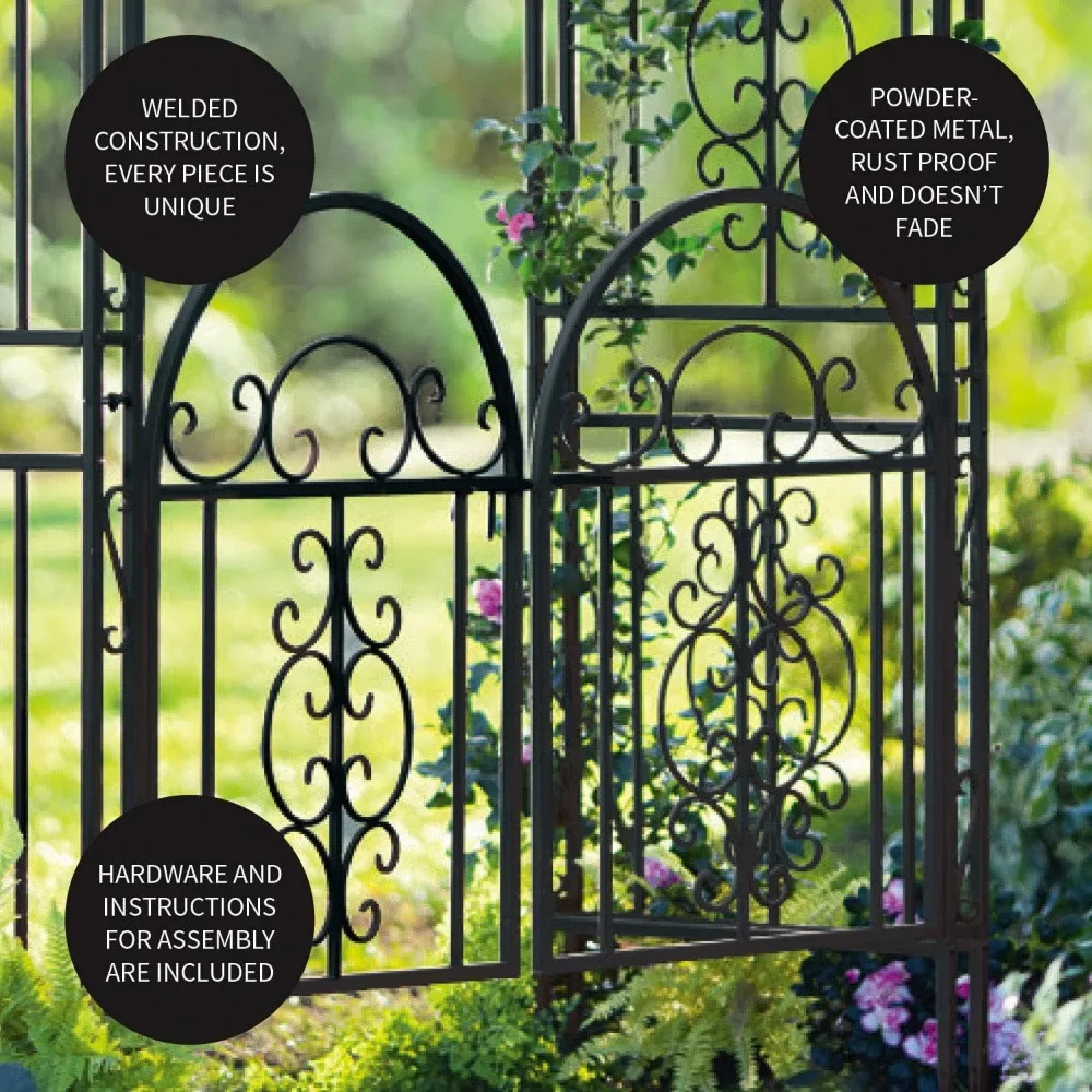 Arch Metal Outdoor Garden Arbor Double Gate |Gunmetal Black | Trellis Lattice Climbing Plants，plant Stand