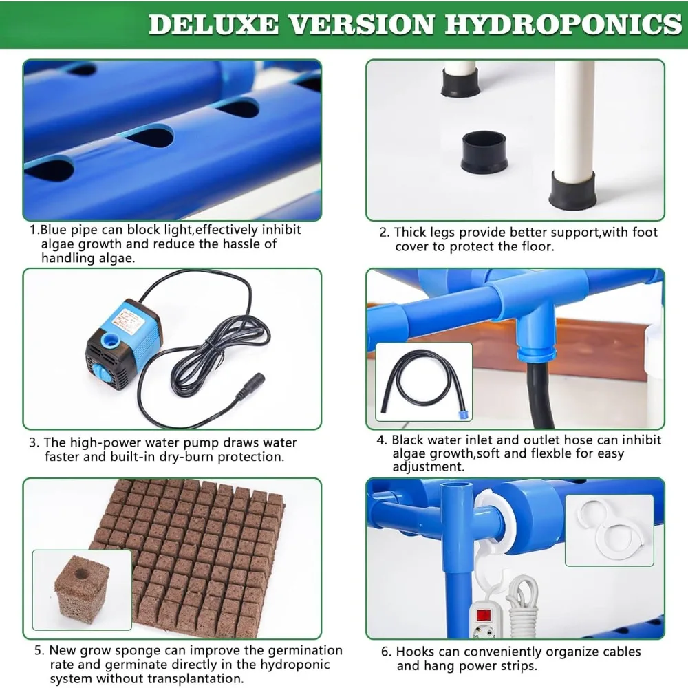 Block Light Hydroponics Growing System Kit, 108 Plant Sites 3 Layers Food-Grade PVC-U Pipes Hydroponic Gardening System Grow Kit