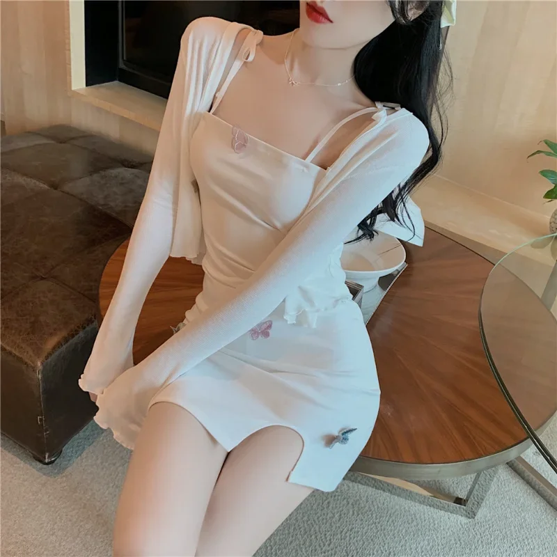 Sweet 2-Piece Suits for Women Sexy Slim Short Mini Dress Cropped Cardigan 3D Butterfly Appliques Summer  Two Piece Outifits