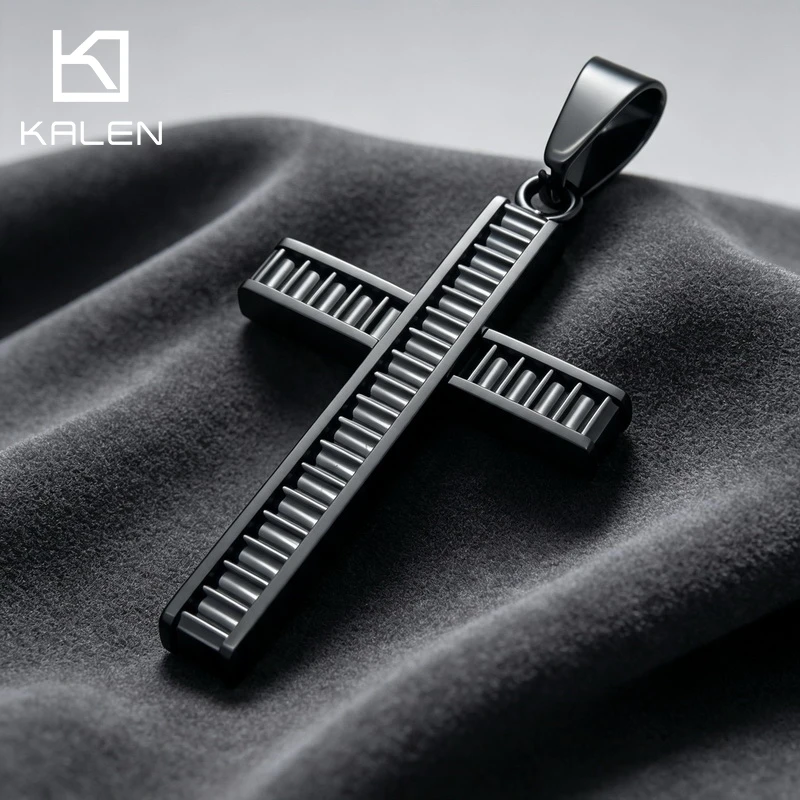 KALEN Trendy Stainless Steel Vertical Groove Cross Pendant Necklace Classic Necklace Fashion Jewelry Party Birthday Gifts