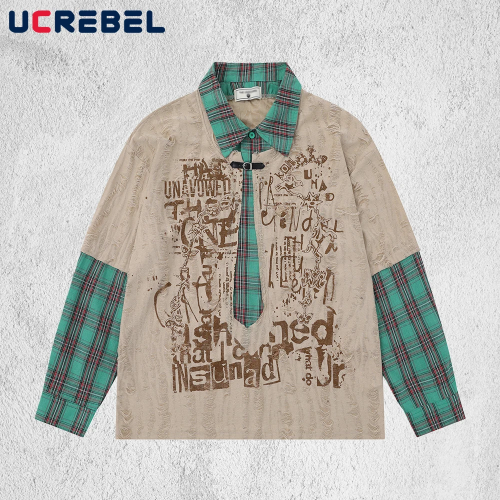 Plaid Spliced Fake two-piece T-shirt Mens Letter Print Retro High Street Spring Ripped Long Sleeve Loose Lapel Tee Man