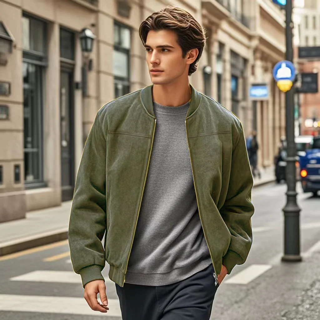 Cross-border suede solid color men\'s zipper jacket casual retro long-sleeved jacket