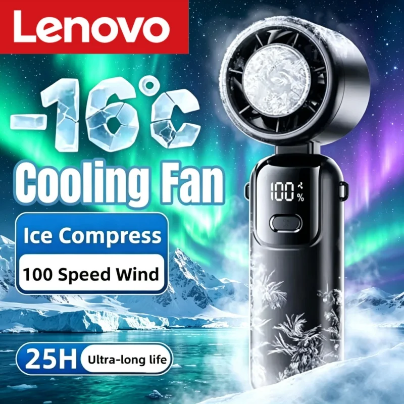 Lenovo Ice Compress Handheld Fan Portable Outdoor Usb Digital Display Folding Refrigeration High Speed Violent Turbine Small Fan