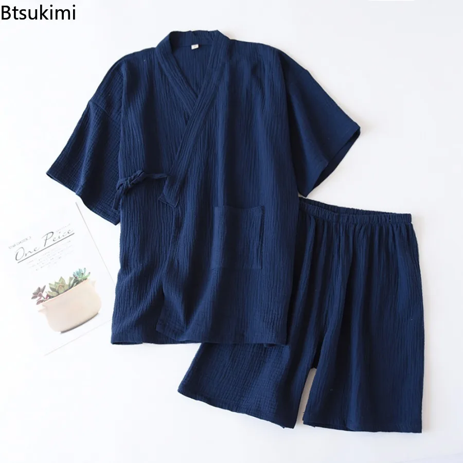 Men's Summer Cotton Pajama Sets Short Sleeved Shorts Pyjamas Men V-Neck Kimono Pijamas Thin Sleepwear 2 Piece Set Home Clothes