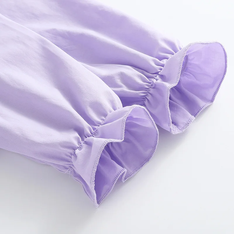 Children Girl Purple Shirts Autumn Floral Embroidery Peter Pan Collar Baby Girl Tops Cotton Solid Casual Kids Girl Long Sleeves