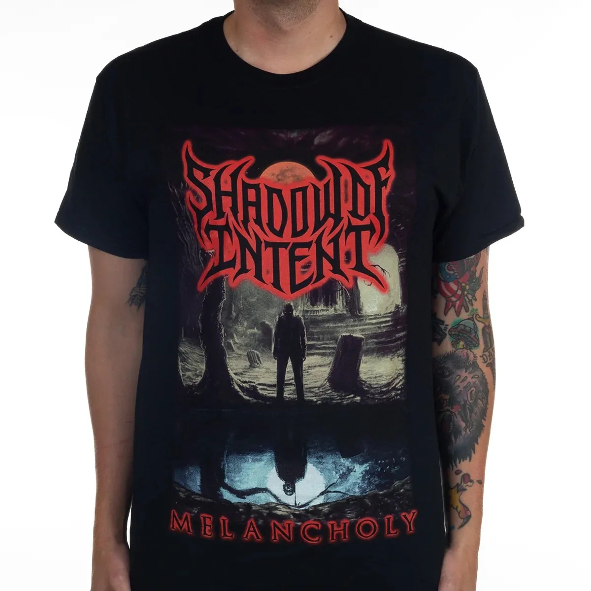 Shadow of Intent Red Neon Glow Band Logo Graphic Print T‑Shirt, Features Iconic Jagged Death‑metal Band Logo