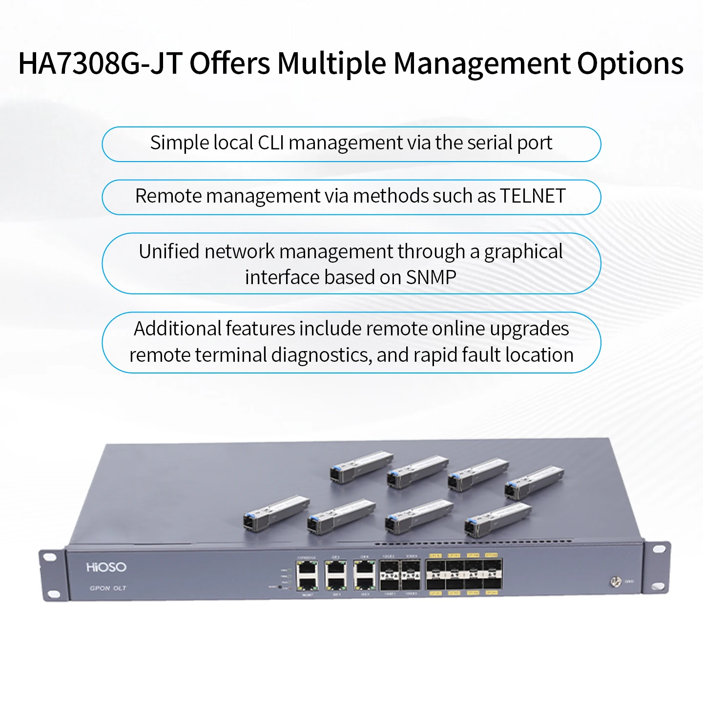 HA7316G-JT 16PON GPON OLT INTEL Solution 1:128 Each Pon Port Full Load 2048 ONTs Compatible Other Brands GPON XPON ONT FTTX