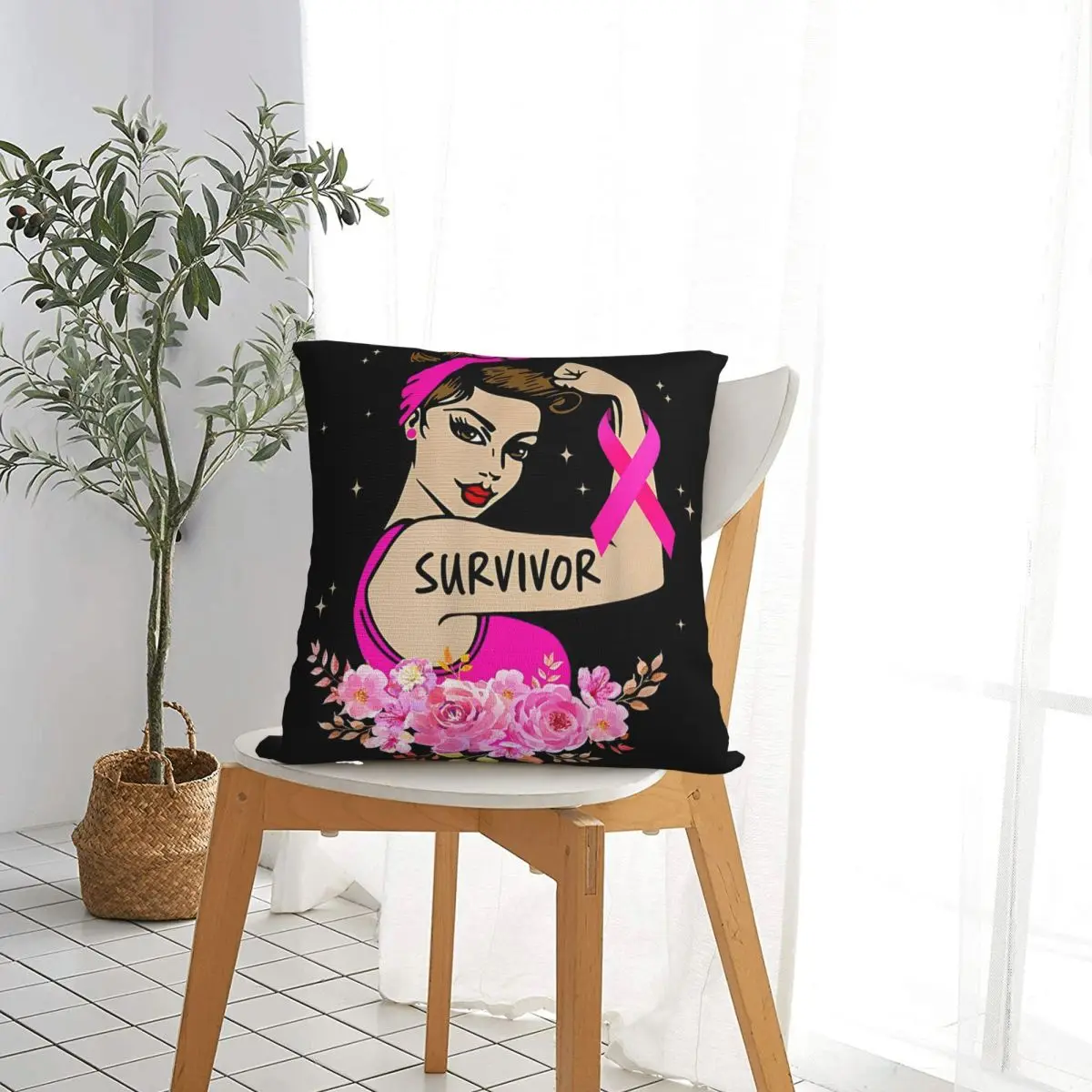 Breast Cancer Survivor Rosie Riveter Pink Awareness Pillow Case Cushion Covers Awesome Zippered Decor Pillowcase for Car 40*40cm