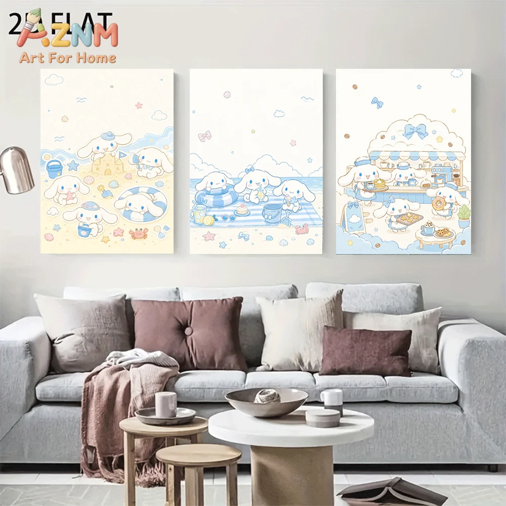 AZNM Cinnamoroll Canvas Wall Art Unframed Cute Cartoon Print Poster Summer Beach Sandcastle Seafood Snack Shop Starfish Crab Swi