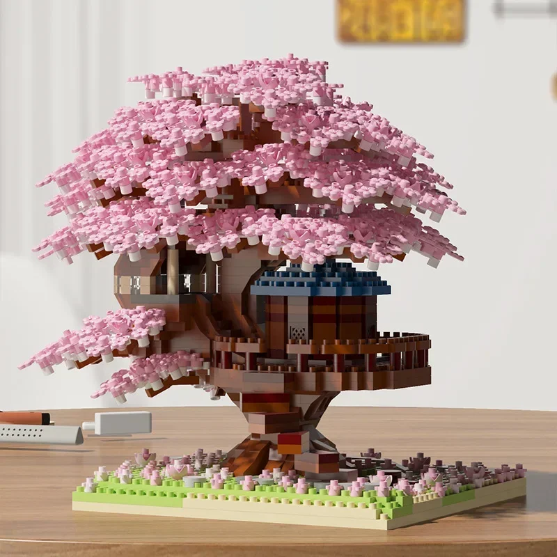 DIY Purple Romantic Cherry Blossom Flower Pink Tree House Train Assembly Building Blocks Classic Model Bricks Toys For Kids