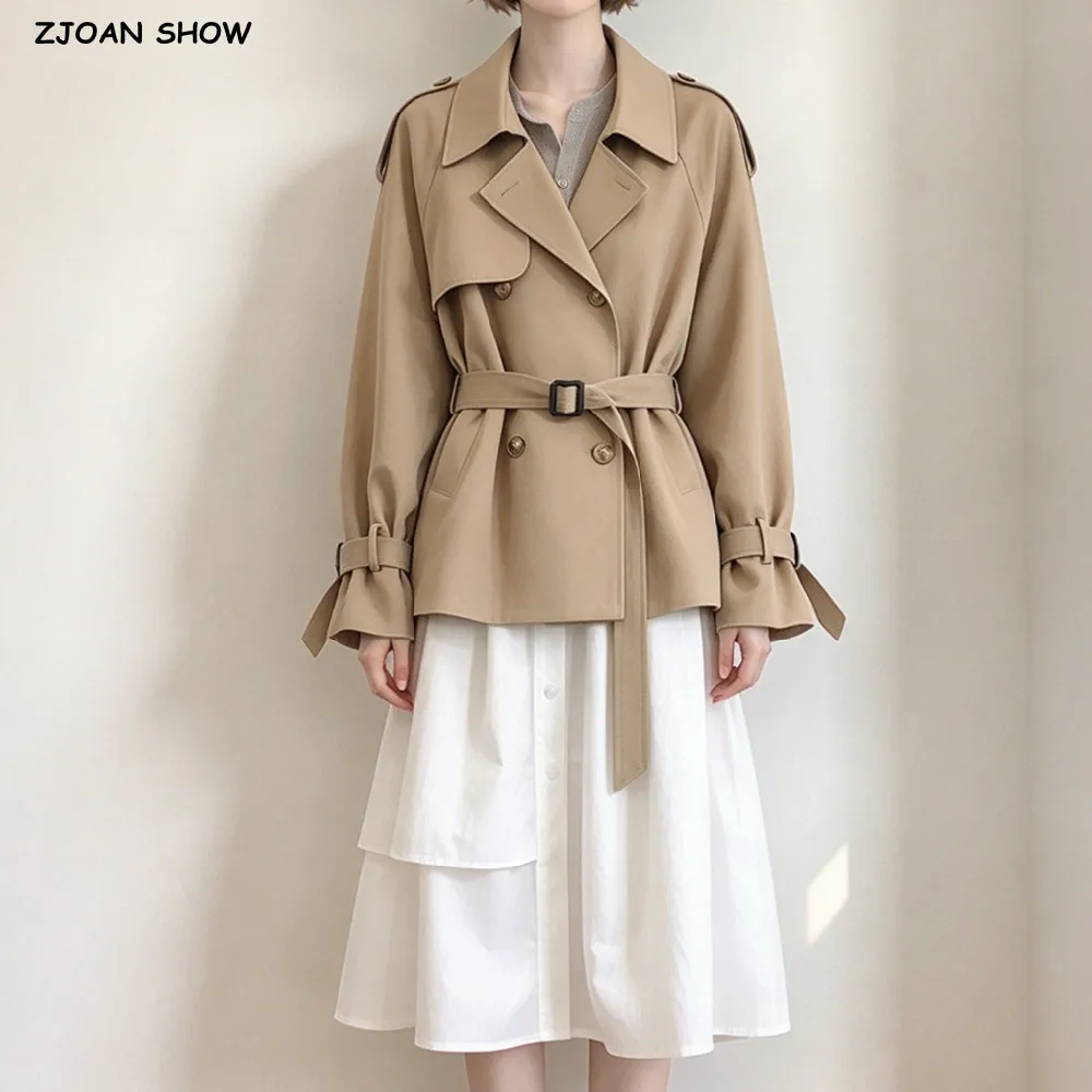 CHIC Autumn Women Lapel Collar Buckle Sashes Waist Raglan Sleeve Trench Double-breasted Buttons Windbreaker Coat Loose Outerwear