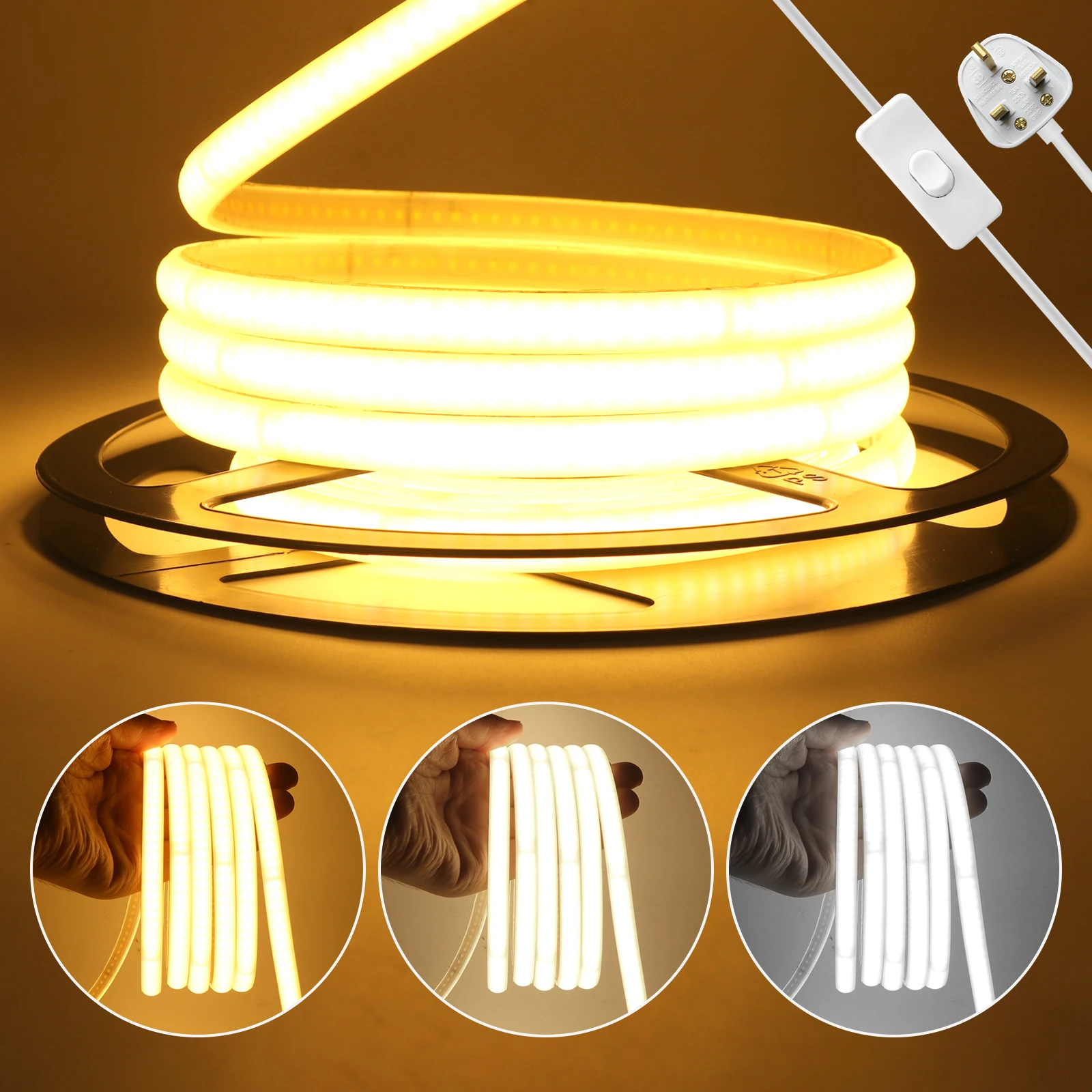 COB LED Strip AC 220V Waterproof 240LEDs/M With EU/UK Switch Plug Home Garden Kitchen Room Decor Flexible Ribbon Tape Neon Light