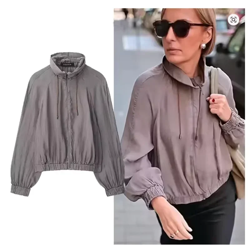 

Autumn Vintage Solid Loose Draped Jackets for Women Chic Fashion Bomber Jacket Stand Collar Long Sleeve Zipper Casual Outerwear