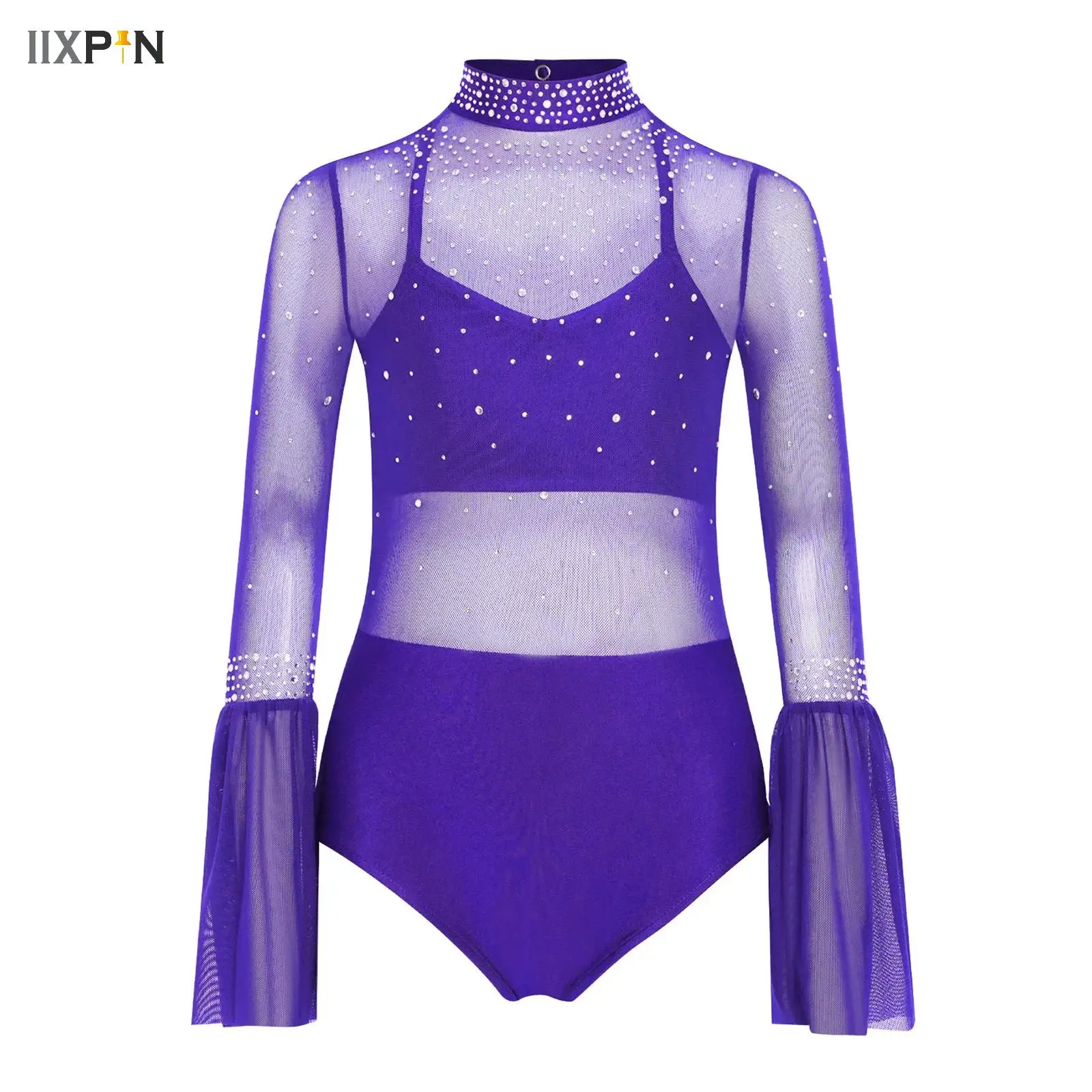 

Kids Girls Flare Sleeve Gymnastics Leotard Sheer Mesh Patchwork Rhinestone Sport Ballet Dance Bodysuit Performance Dancewear