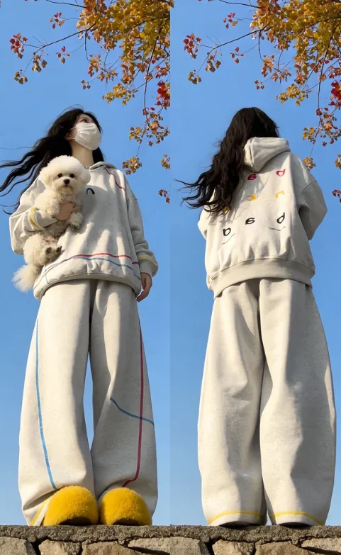 

Colorful Irregular Thread Print Hooded Sportswear Set Long Sleeved Loose Two-Piece Set for Men And Women Casual Autumn Winter