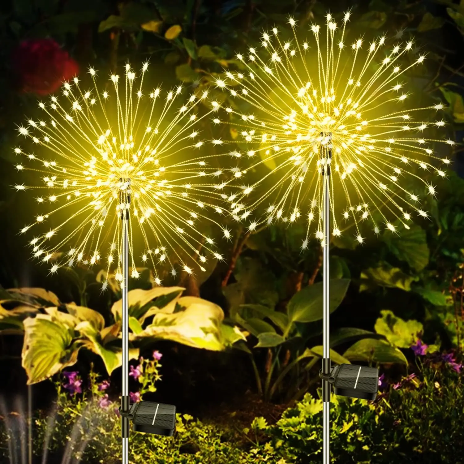 Outdoor Solar Fireworks Luz, Impermeável, Jardim Pátio, Estrada Gramado Decoração, Fio de Cobre, 2 Pcs Set