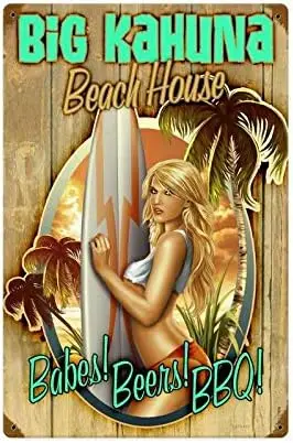 Vintage Big Kahuna Beach House Babes Beer and BBQ Pin Up Girl Home Bar Pub Kitchen Restaurant Wall Deocr Plaque Signs 12x8inch