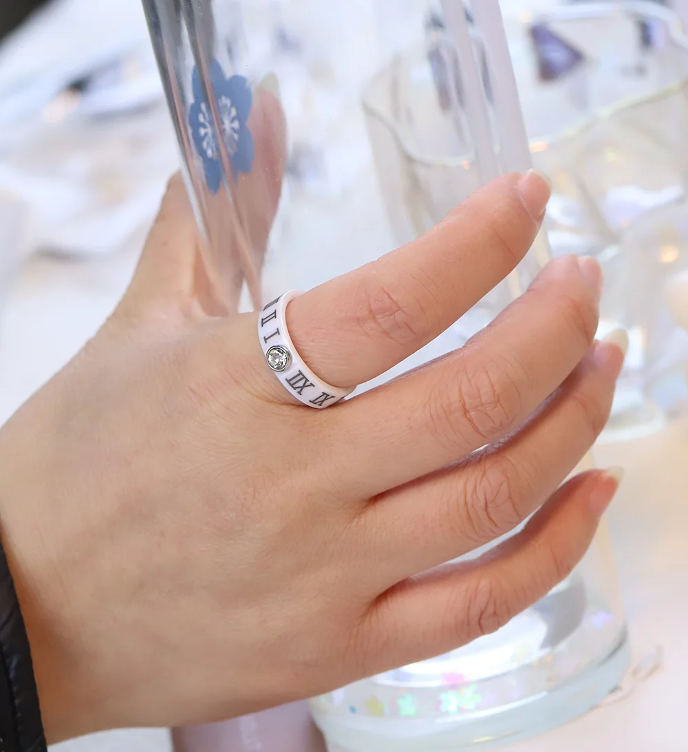 Fashion Ceramic Ring Party Gifts Roman Numeral Women Wedding Cool Band Number Black Jewelry Stainless Steel Rings With Crystal