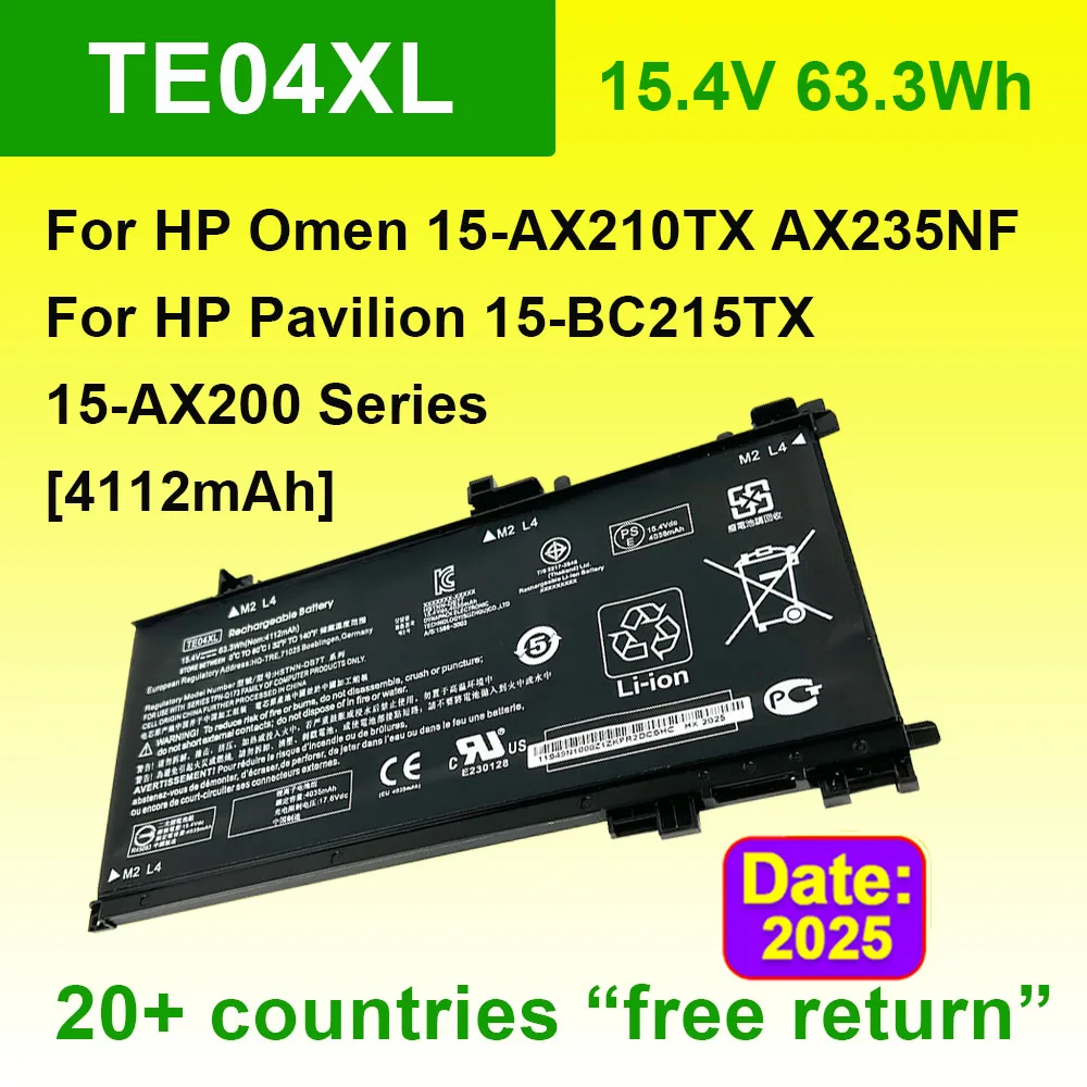 

Аккумулятор для ноутбука HP TE04XL Omen 15-AX200 15-AX210TX 15-AX218TX 15-AX235NF 15-BC200 15-BC219TX HSTNN-DB7T TPN-Q173 15,4 В 63,3 Втч