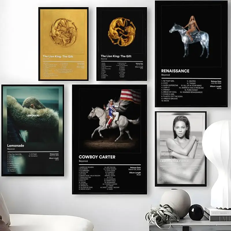 Singer B-Beyonce Poster Waterproof Self-Stick Wall Art Stickers, Removable Wall Decor for Living Room and Bedroom