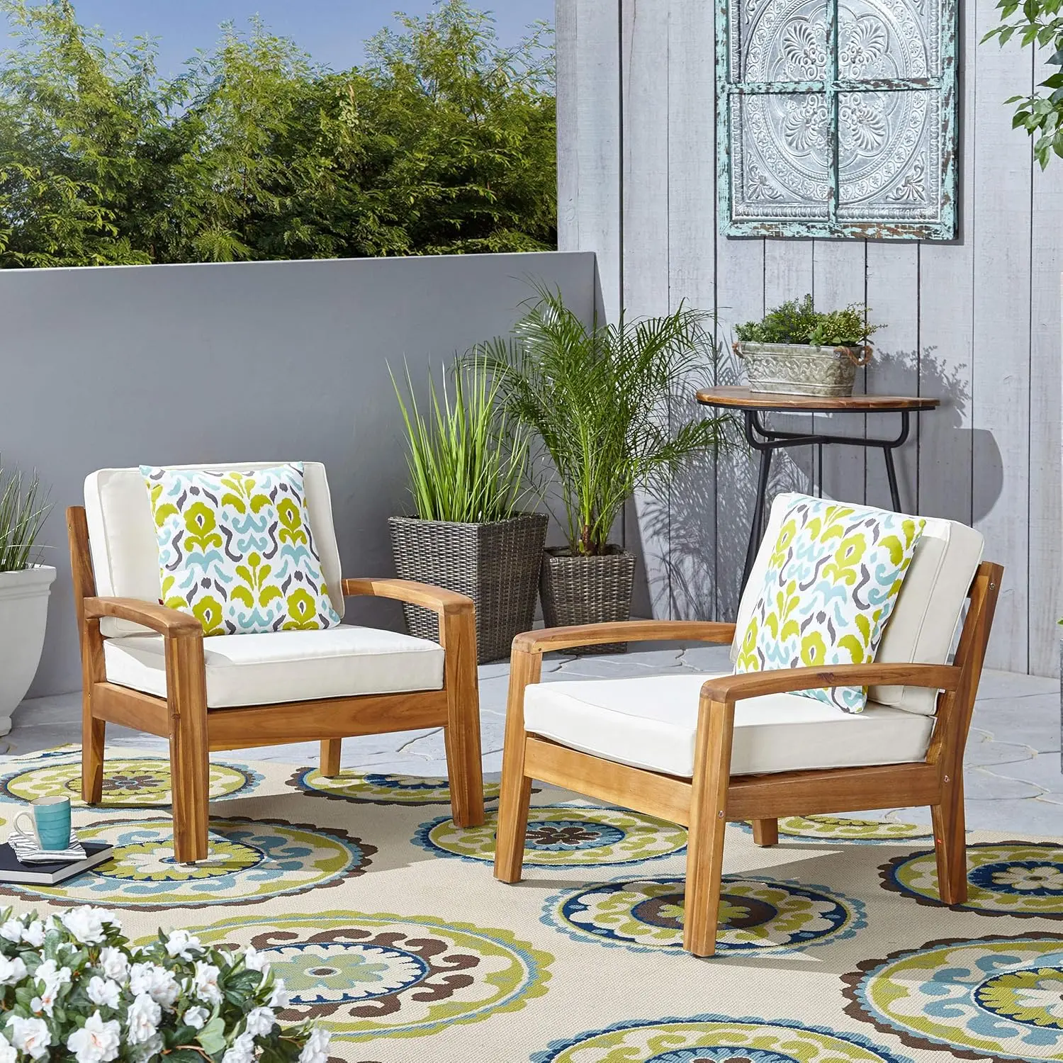 Outdoor Acacia Wood Club Chairs with Cushions (Set of 2), Teak and Beige