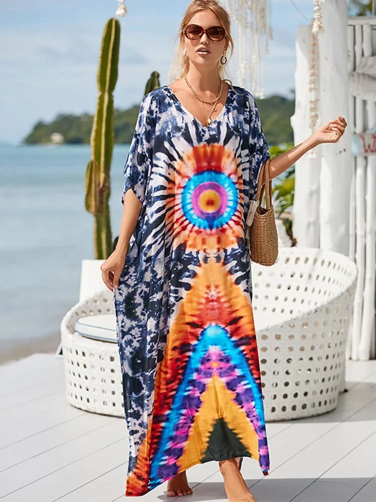 2025 new Tie Dye Beach Cover-Ups Women Swimsuit Cover Up Robe V-Neck Chic Plus Size Beach Long Dress Summer Fashion Beachwear