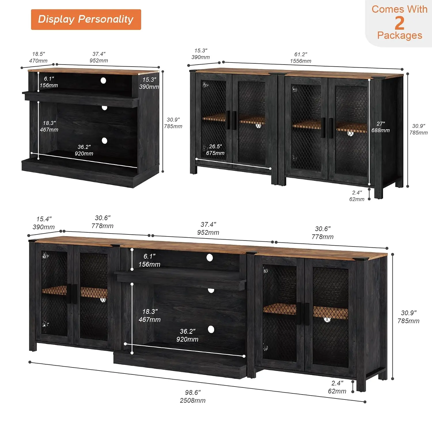 2 in 1 TV Stand Entertainment Center for 100 Inch TV, Farmhouse Wood Console with 4 Mesh Door & Open Storage for Dining & Bedroo