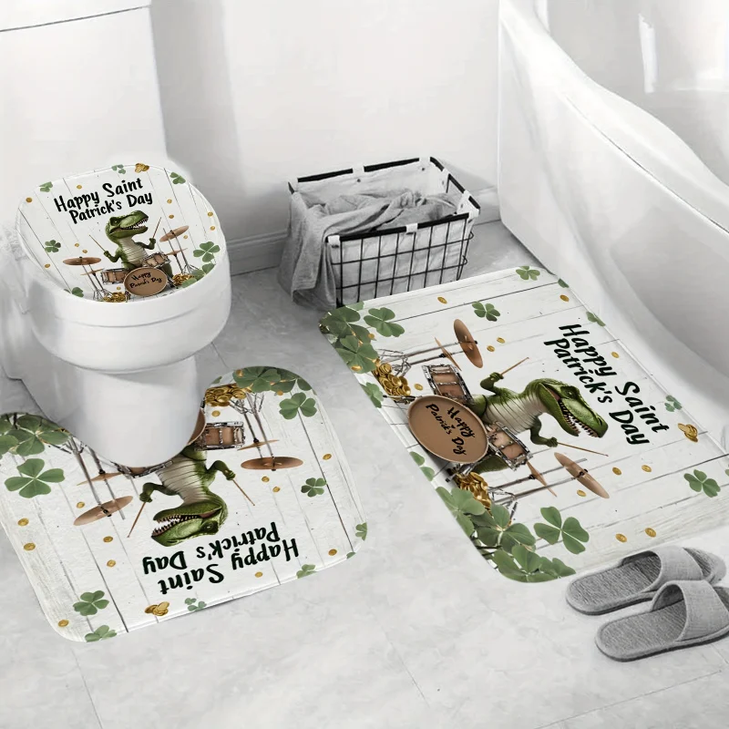 1pc/4pcs St. 's , Golden Coin Four-leaf Clover Music Dinosaur St. Patrick's Day Print Waterproof Shower Curtain, 12 Ho