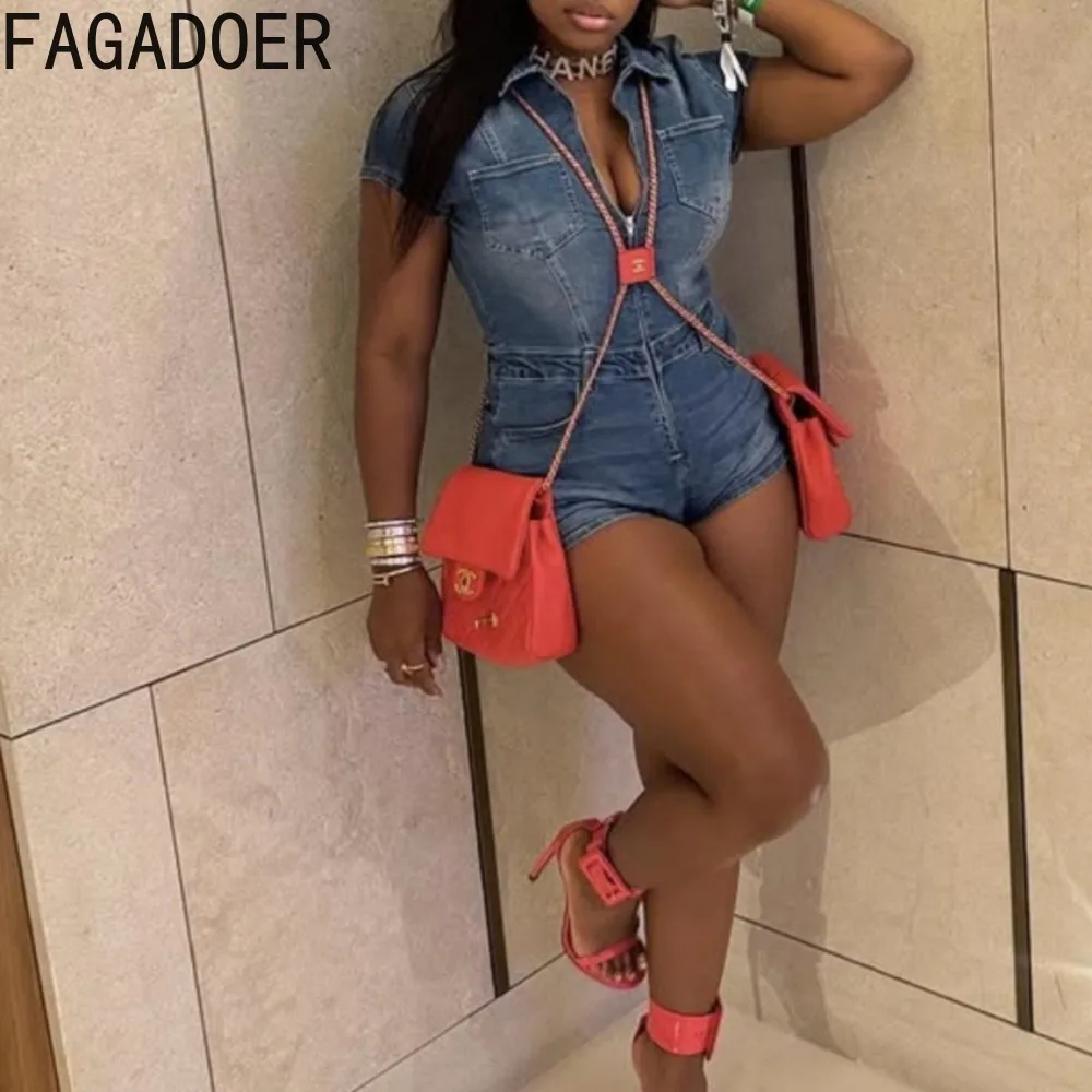 FAGADOER Spring New Fashion Denim Rompers Women Short Sleeve Zipper Patchwork One Piece Jeans Jumpsuit Female Stretchy Overalls