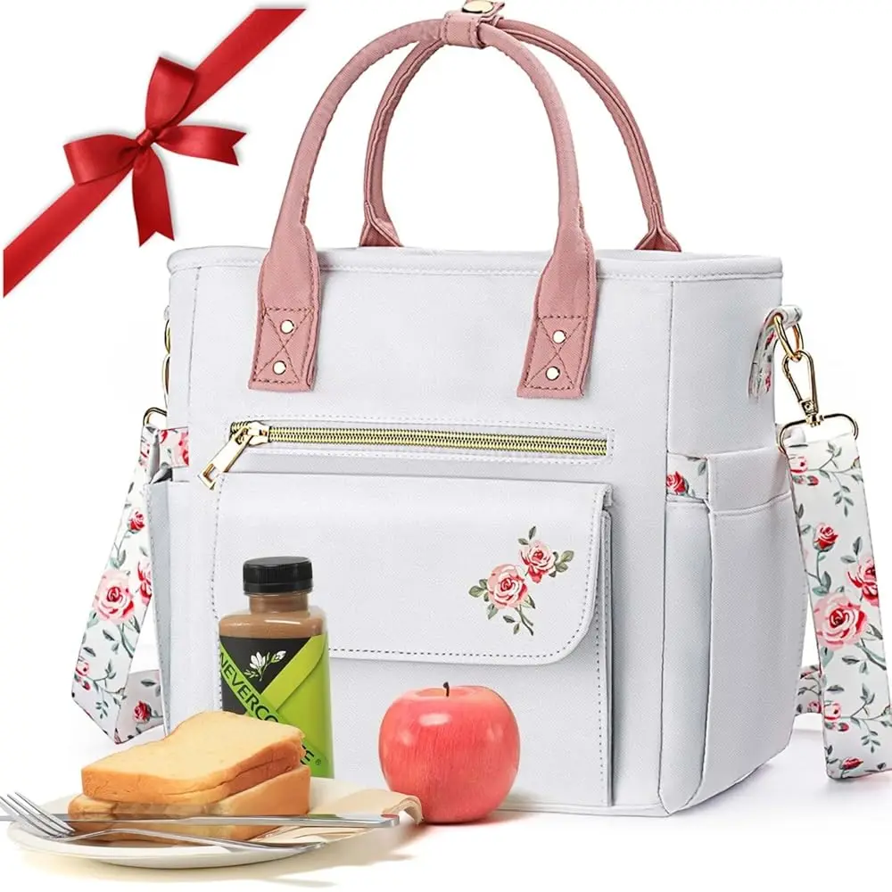 

Сумка-холодильник для обедов Deluxe Insulated Lunch Box Bag для женщин - герметичная, водонепроницаемая, с несколькими карманами, съемным ремнем для работы, пикника - Teach