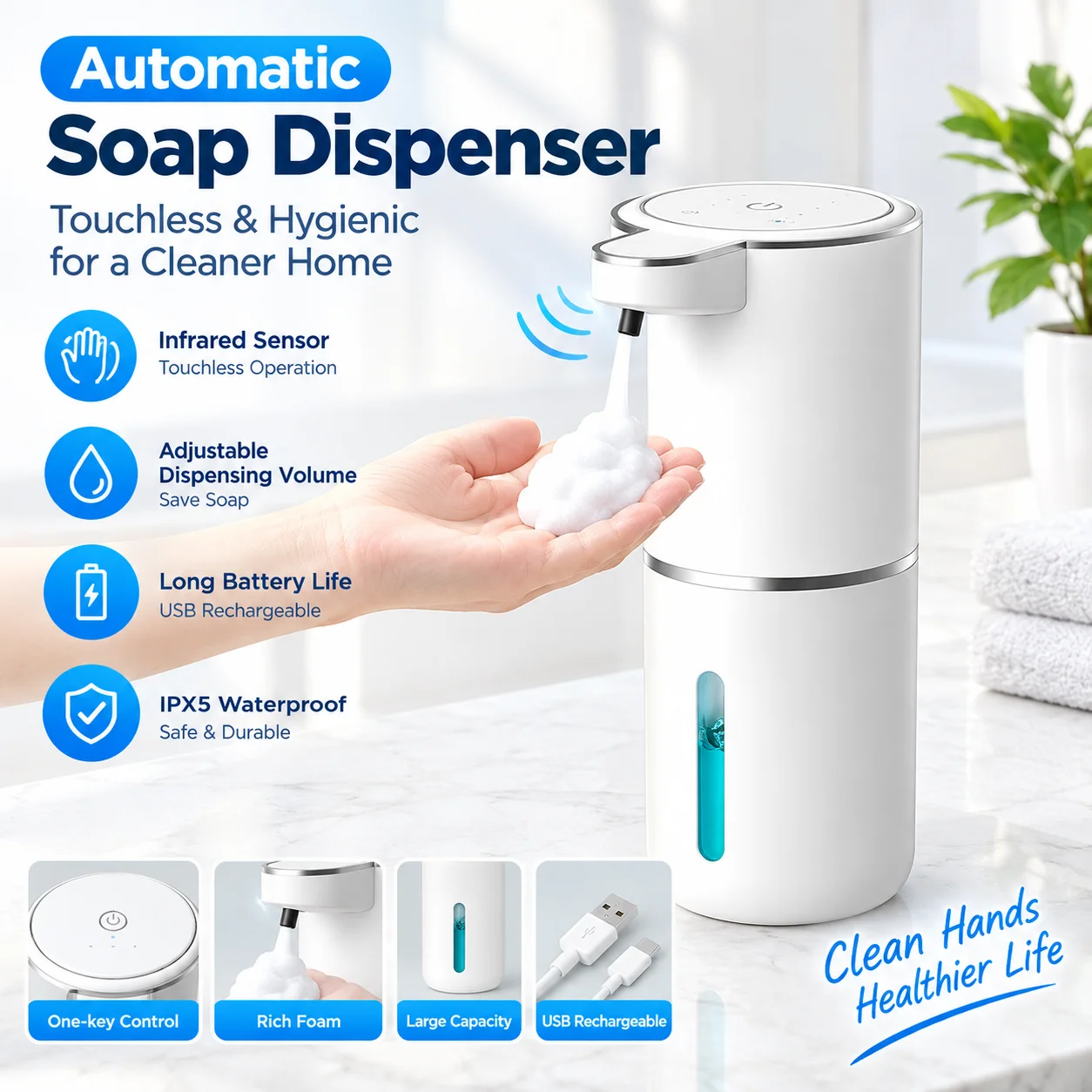 Automatic Soap Dispenser Touchless Foaming Soap Dispenser 400ml USB Rechargeable Electric 4 Level Adjustable Foam Soap Dispenser