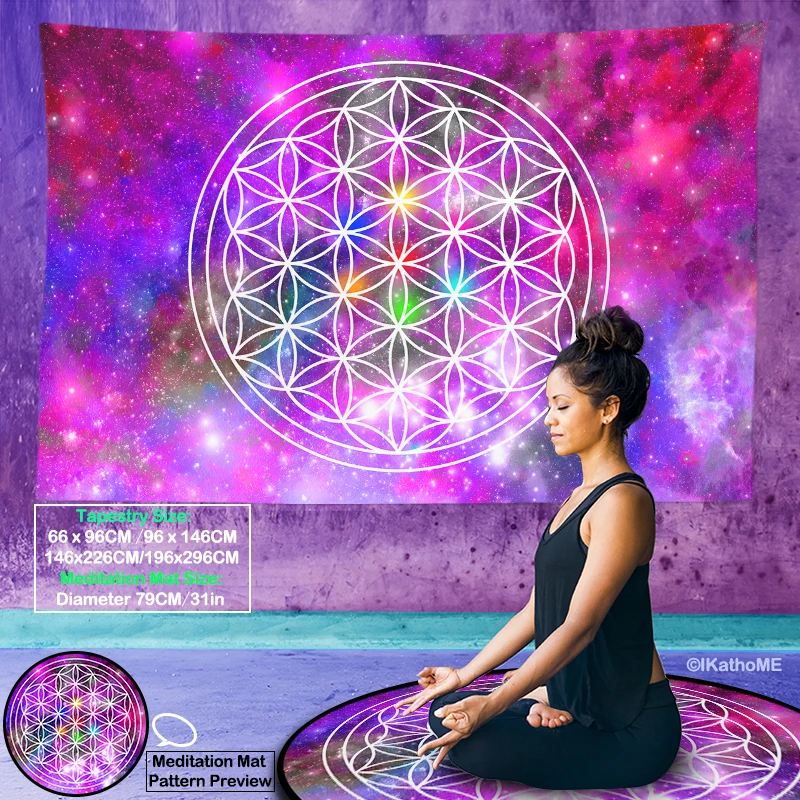 White Flower Of Life Tapestry Purple Red Wall Hanging Spiritual Psychedelic Starlight Pagan Crystal Healing Altar Cloth ArtDecor