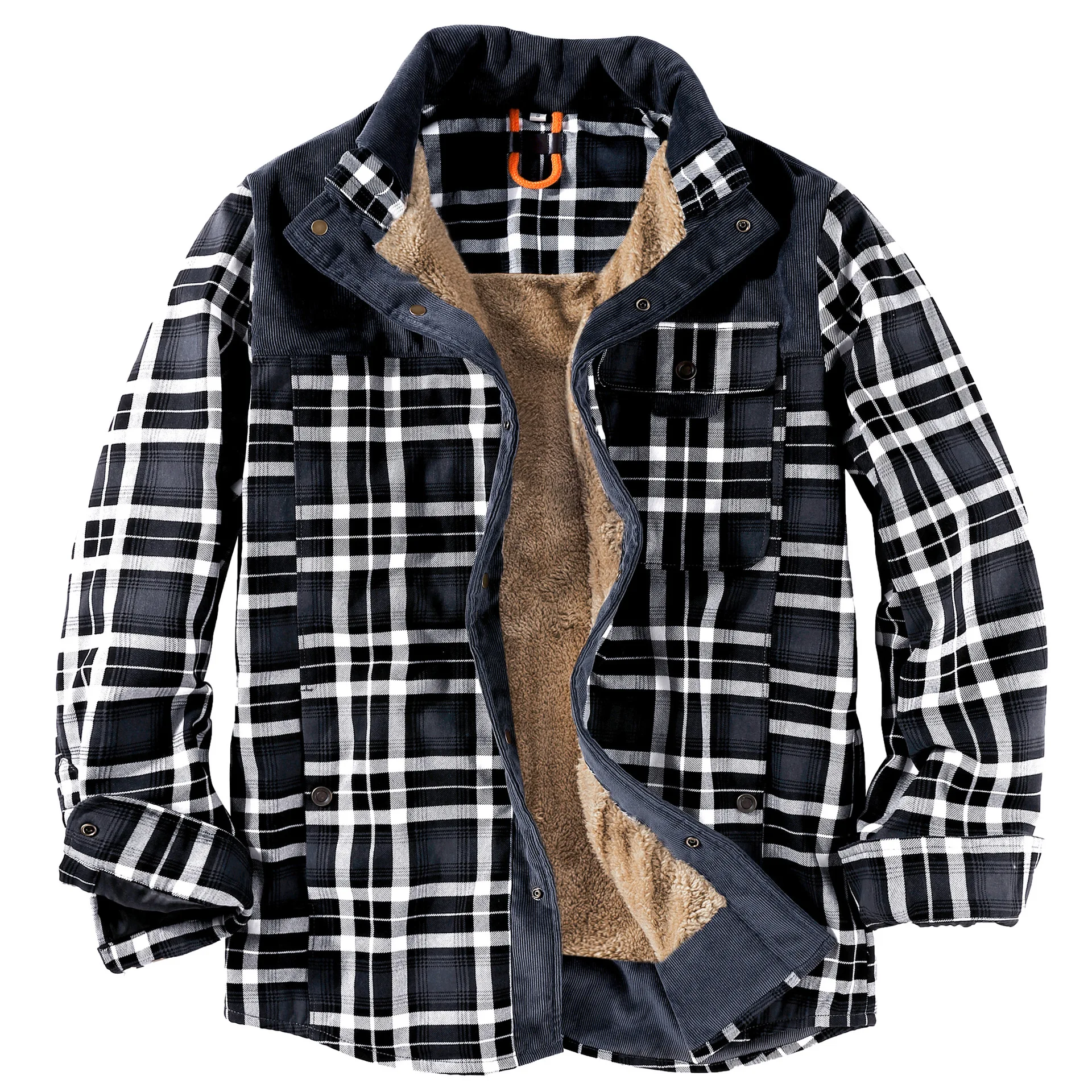 2026 New US Size Men Jacket, Plaid Shirt with Fleece, Large Size Winter Windproof and Warm Hooded Pure Cotton Jacket